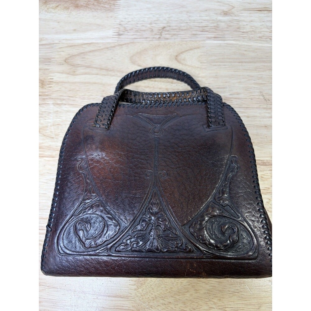 Antique Tooled Leather Purse Handbag 1900's Brown Art Nouveau Floral Vintage